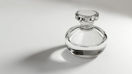 Elegant glass perfume bottle with clean lines and a luxurious finish, set on a pristine white backdrop.
