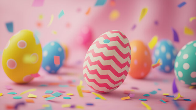 playful and colorful Easter scene featuring brightly decorated eggs on a soft pink backdrop. The eggs are adorned with various patterns like polka dots, stripes, and zigzag 