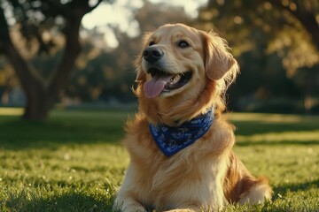 A happy dog wearing a blue bandana, sitting on the grass in an open park, with its tongue hanging out and basking in the sunlight The background features green lawns and trees Generative AI