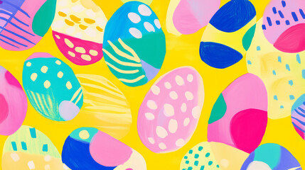 Colorful, hand-painted Easter eggs with playful geometric and abstract patterns such as triangles, dots, and squiggly lines, set against a bright yellow background.  