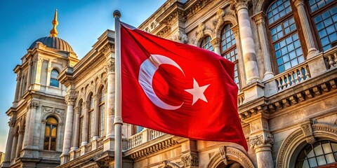 Fototapeta premium Turkish Flag, Red and White Crescent, Architectural Detail, Istanbul Skyline, Historic Building