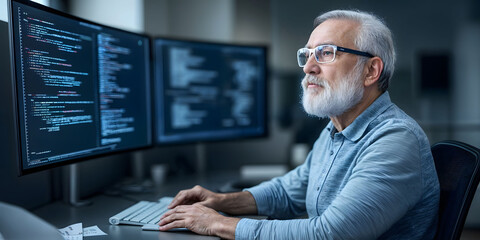 Focused senior software developer working on multiple monitors with programming code, symbolizing expertise, technology, and dedication in a professional software development environment