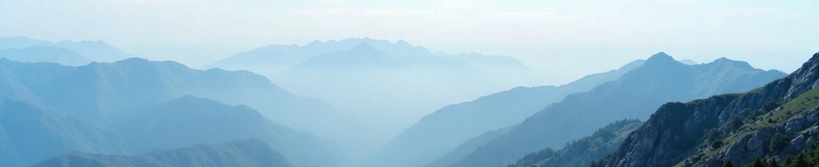 Obraz premium Dense fog envelops a mountain range, obscuring the distant peaks, foggy mountains, veiled landscape, rocky terrain