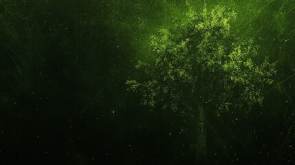Night Scene of a Luminous Green Tree in Dark Forest