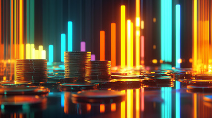 futuristic, abstract concept showing stacks of coins in the foreground with a glowing, upward-trending graph in the background