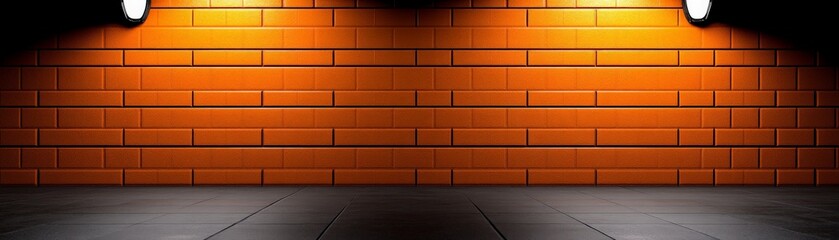 Obraz premium Illuminated Brick Wall: A dramatic, moody image of an orange brick wall dramatically lit by two spotlights, creating a strong contrast and highlighting the texture of the bricks.
