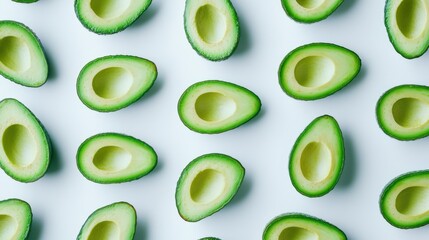 Fresh avocado halves with vibrant green flesh and a smooth brown pit, arranged cleanly on a white backdrop.