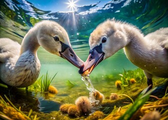 Two Adorable Cygnets Feeding Underwater, Beaks Open, Candid Wildlife Photo