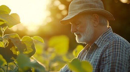 Farmer with gentle expression examining soybean plants under soft sunset light