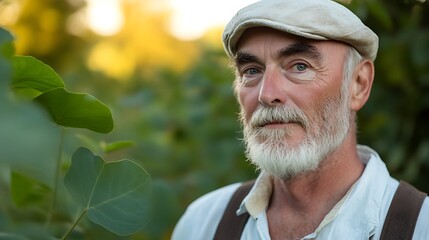 Farmer with gentle expression examining soybean plants under soft sunset light