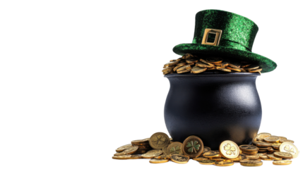 pot of gold with st Patrick's Day hat isolated on white background 