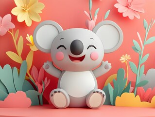 Naklejka premium Cheerful Koala in Minimalist Geometric Style with Nature Background