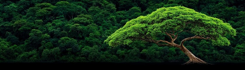 Serene Bonsai in Lush Forest: A single, vibrant green bonsai tree stands majestically against a backdrop of a deep, verdant forest, conveying tranquility and the enduring strength of nature.