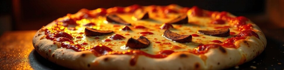Freshly baked pizza with melted cheese and mushrooms emerging from the oven, golden brown, pizza