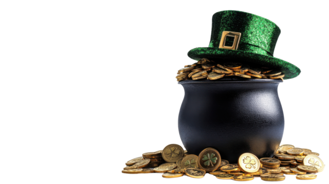 pot of gold with st Patrick's Day hat isolated on white background 