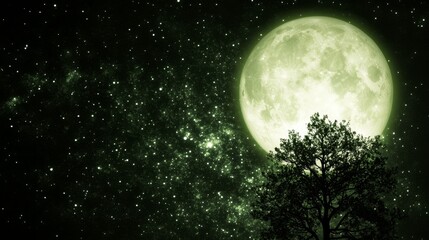 Fototapeta premium Night Sky, Green Moon, Silhouette Tree, Starry Background