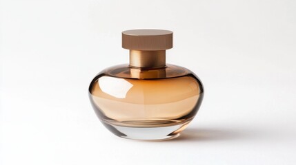 Minimalist glass perfume bottle with a metallic cap, isolated on white, emphasizing sophistication and purity.