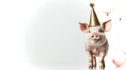 Bashful piglet wearing a gold party hat celebrates with festive balloons in cheerful surroundings