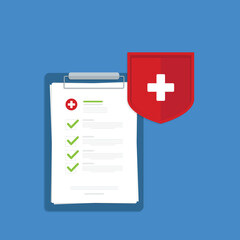 Obraz premium Medical healthcare insurance. Red shield on patient protection policy and pen. Medicine symbol. Vector illustration 