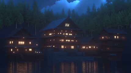 Nightfall Serenity Japanese Lakeside Village Illumination