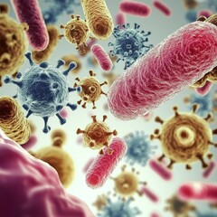 Microbial World 3D Render of Viruses and Bacteria, Infection Concept, Microbiology. Microbiology, Virus