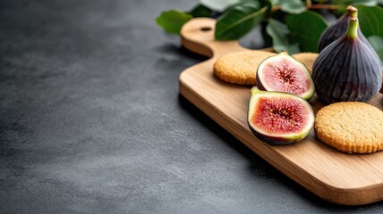 Fresh figs and cookies displayed on wooden board