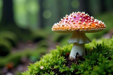 Fototapeta premium Mossy forest floor, toadstool cap with white gills, damp, forest, stem
