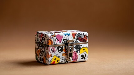 Small, graffiti-style decorated metal box with latch on brown background