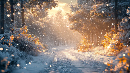 Winter landscape with sunlight filtering through trees and snow-covered pathway in the forest