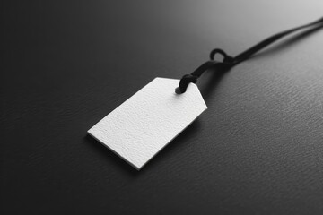 Minimalist paper hangtag with embossed text on black surface