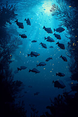 Fototapeta premium An underwater scene depicting fish swimming through illuminated water with aquatic vegetation.