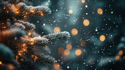 Fototapeta premium Snow falls gently on a decorated evergreen tree during a festive winter evening