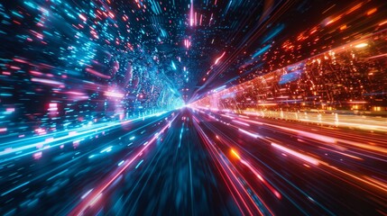 Dynamic abstract representation of speed and light showcasing vibrant colors and energy in a futuristic setting