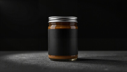 Jar of caramel sauce on dark background,  jar mockup with label