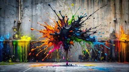 Urban Decay: Black Paint Splash on Grungy Concrete Wall - Abstract Texture Background