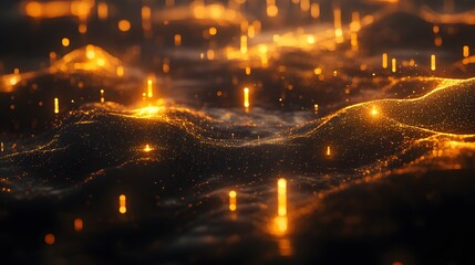 Illuminated particles dancing over glowing waves abstract visuals digital art dark environment close-up view creative concept
