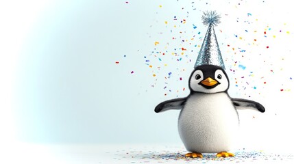 Obraz premium Waddling penguin chick celebrates with a sparkly party hat and confetti in a joyful setting
