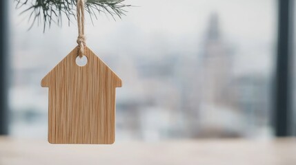 Wooden house keychain sits elegantly against a blurred modern apartment interior, highlighting luxury living and home decor