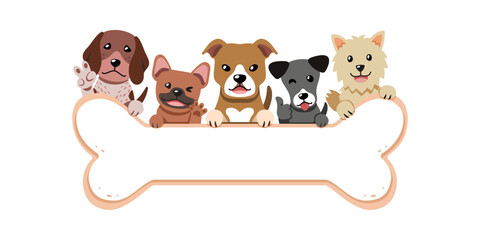 Cartoon cute different breeds of dogs with bone sign for design.