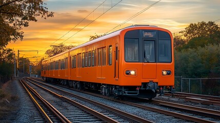Naklejka premium Orange commuter train at sunset on railway tracks.