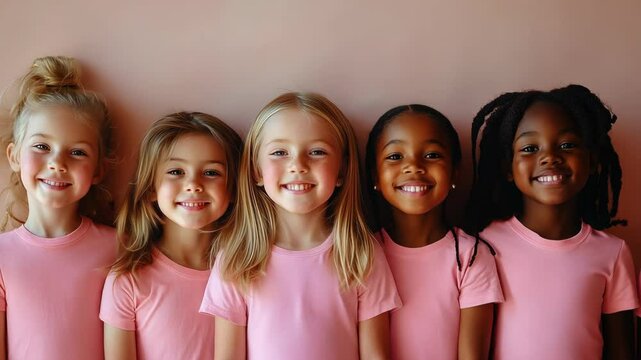 Group of young girls smiling together in matching pink shirts on a neutral background
