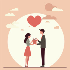 Romantic Couple with Gift and Heart - Valentine's Day Vector Illustration