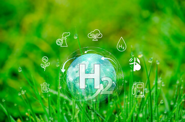 Green hydrogen innovation, featuring zero emissions technology and H2 icons, reduces carbon dioxide and greenhouse gases in fuel stations, promoting renewable fuel and green energy.
