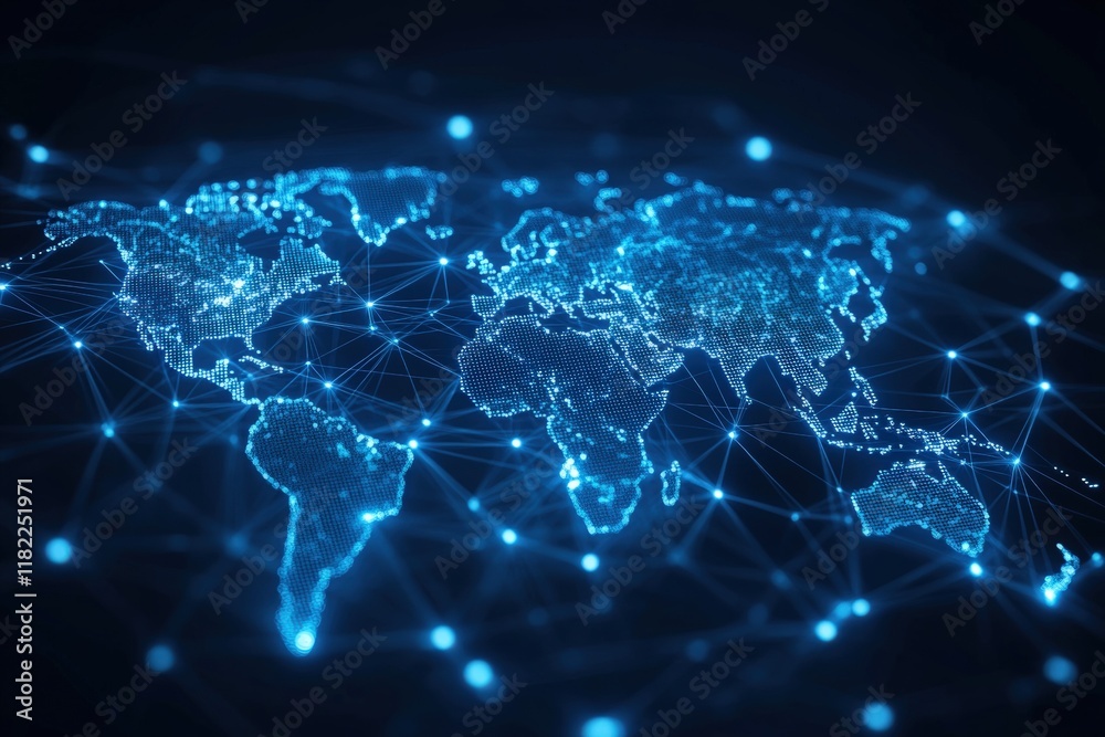 Poster global network: an abstract world map is depicted as a complex network of interconnected nodes, symb