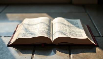 Fototapeta premium Softly lit scripture pages reflect off polished stone floors, stone, calm ambiance