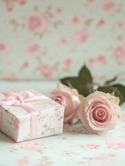 Delicate gift box with ribbon and pink rose on pastel green and pink floral patterned background for Valentine's Day