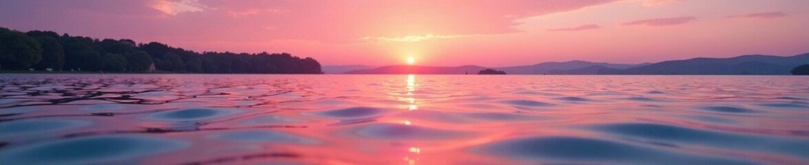 Fototapeta premium Soft pink and orange hues of a sunset merge with gentle waves in a serene lake, glassy surface, sunset