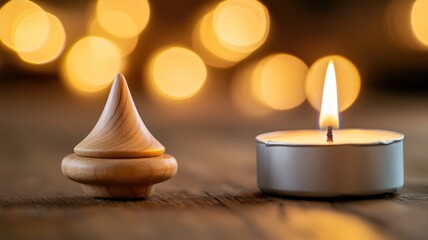 Lit candle and small wooden cone decoratively illuminated by warm, blurred lights in background