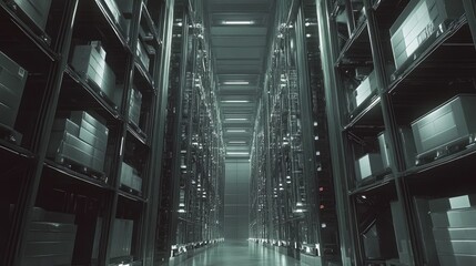 Futuristic Warehouse Storage With Metallic Shelves and Illuminated Pathway