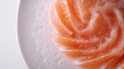 Fototapeta premium Vibrant raw salmon slice with distinct marbling, presented on a pure white backdrop for a clean and appetizing display.